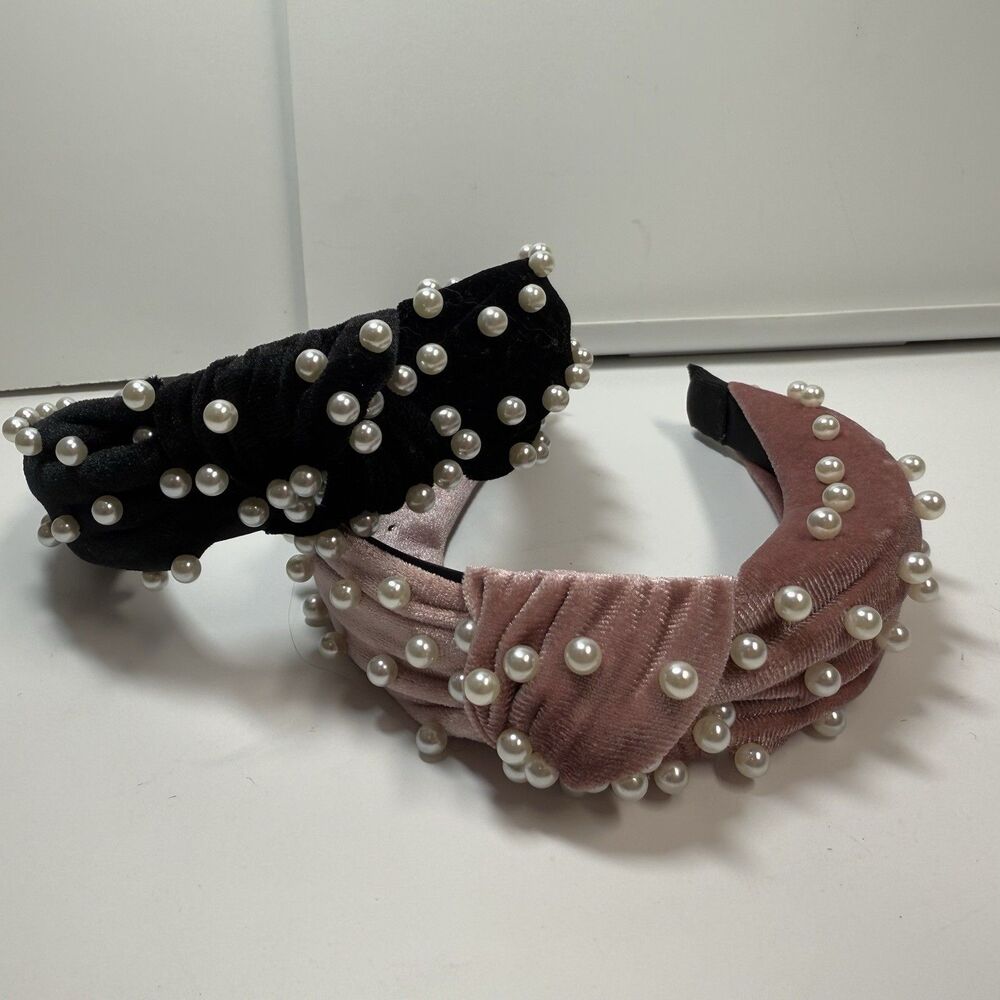 Velvet Top Knot Faux Pearl Embellished Headband Bundle Lot Of 2 Black & Pink New